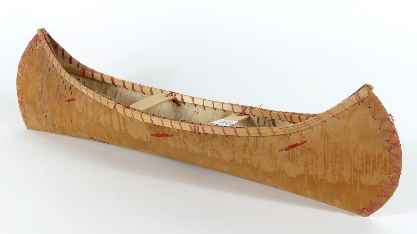 BIRCH BARK CANOE MODEL WITH PORCUPINE QUILL DECORATION
