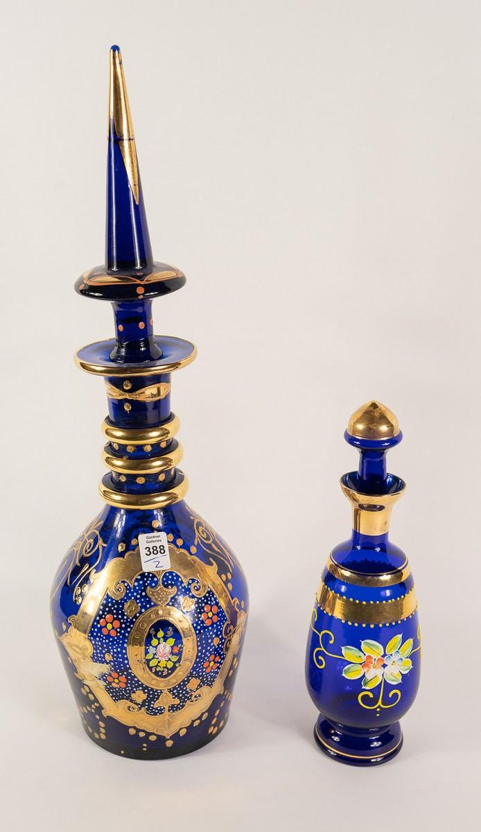 TWO COBALT GLASS DECANTERS