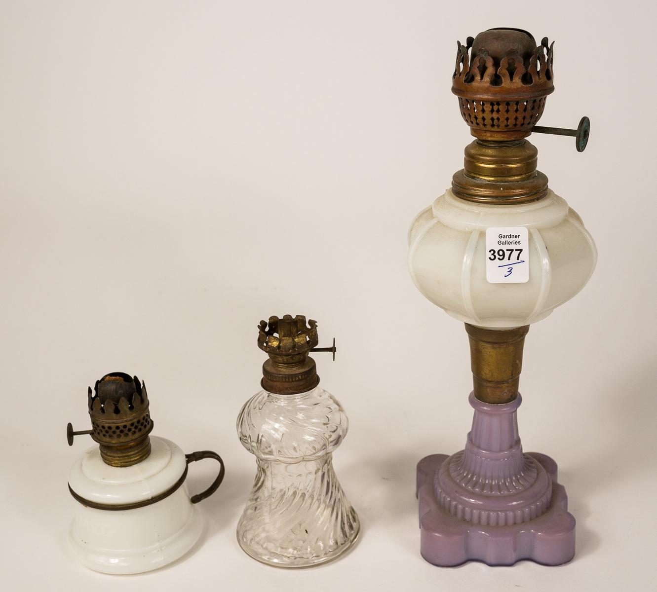 3 ANTIQUE GLASS OIL LAMPS
