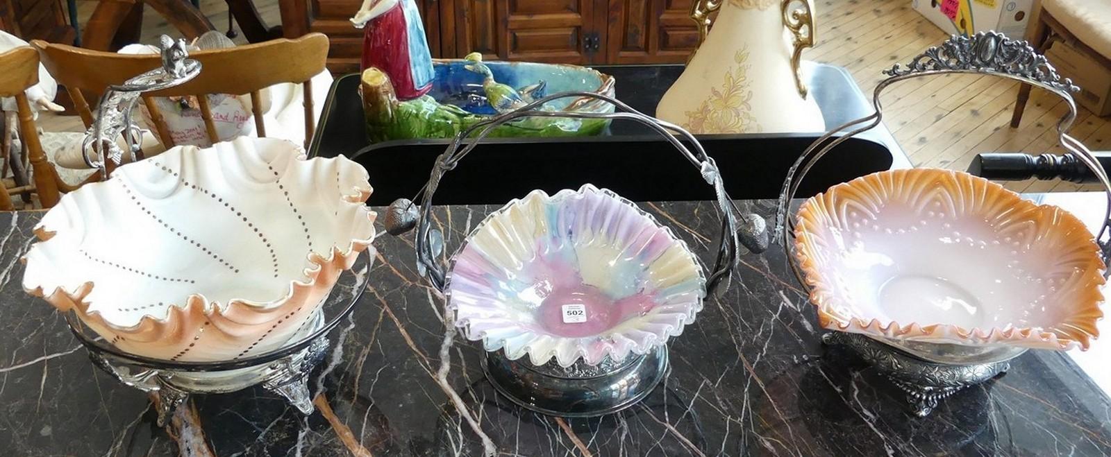 TWO BRIDE'S BASKETS AND BRIDE'S BOWL