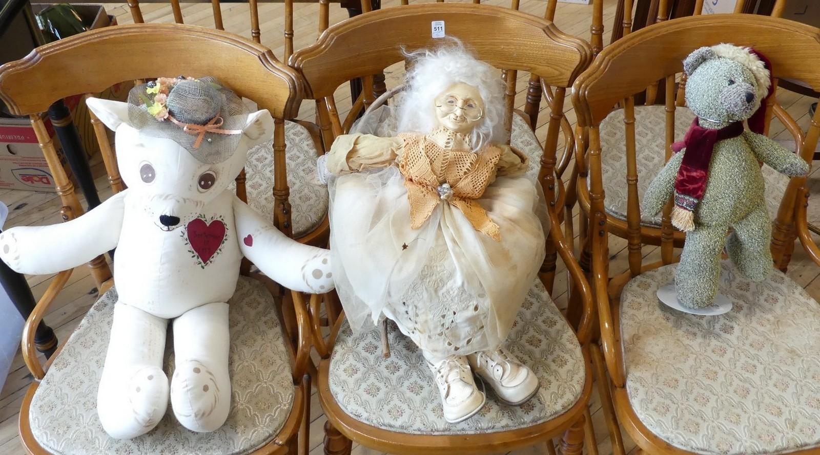 TWO TEDDY BEARS, DOLL AND CHAIR