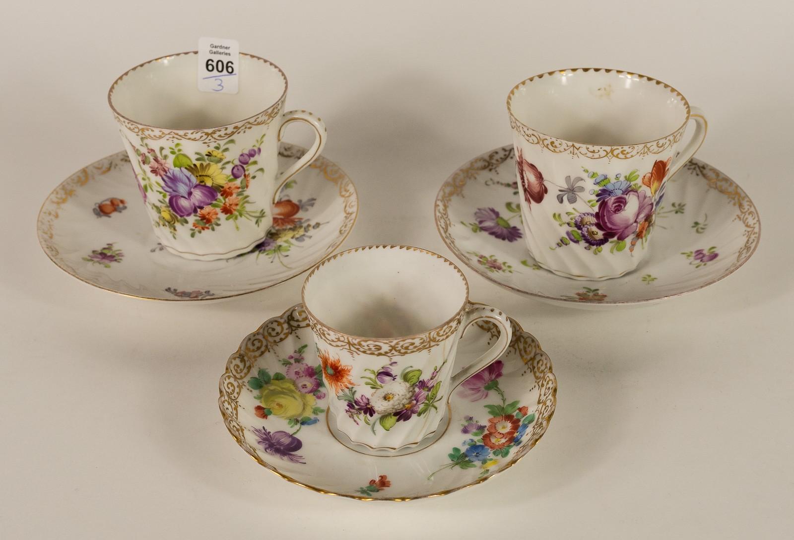 THREE DRESDEN CUPS & SAUCERS