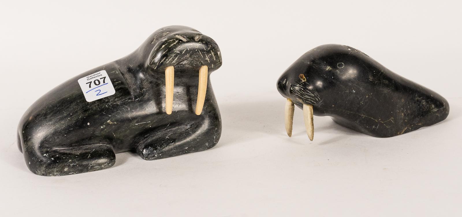 TWO INUIT SOAPSTONE "WALRUS" CARVINGS