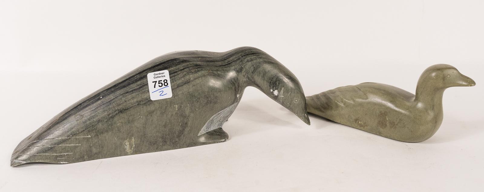 TWO INUIT SOAPSTONE "LOON" CARVINGS