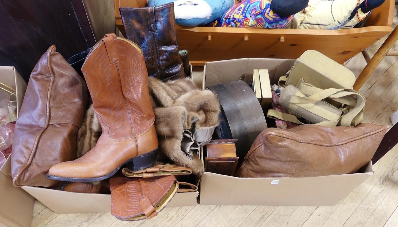 TWO BOXES OF BOOTS, FUR COAT, ETC.