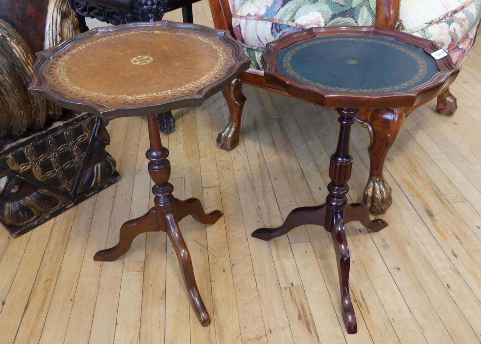 TWO LEATHER TOP WINE TABLES