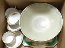 BOX LOT OF PLATES, BOWLS, CUPS AND SAUCERS