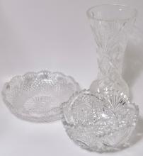 CRYSTAL VASE AND BOWLS