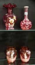 FOUR CRANBERRY GLASS VASES