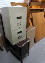 PINE BOOKCASE, TABLE, ETC.