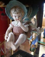 THREE FIGURINES, PITCHER AND WAX PLAQUES