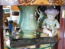 THREE FIGURINES, PITCHER AND WAX PLAQUES