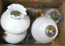 BOX LOT OF OIL LAMPS AND SHADES