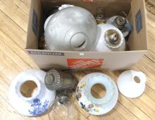 BOX LOT OF OIL LAMPS AND SHADES