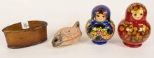 RUSSIAN NESTING DOLLS, BOX & OIL LAMP