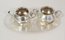 STERLING CREAM, SUGAR AND TRAY
