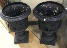 PAIR OF CAST IRON GARDEN URNS