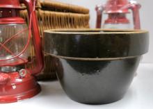 CROCK, BASKET AND LAMPS