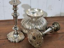 SILVER PLATED CANDLESTICKS & BOWL