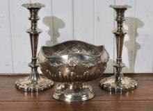 SILVER PLATED CANDLESTICKS & BOWL