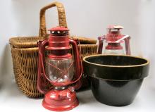 CROCK, BASKET AND LAMPS