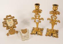 CANDLESTICKS, CALENDAR AND INKWELL