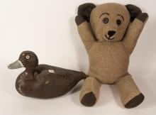 OLD TEDDY BEAR AND DUCK DECOY