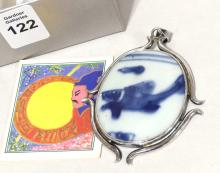 STERLING MING DYNASTY PORCELAIN PENDANT