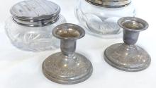 STERLING CANDLEHOLDERS AND DRESSER JARS