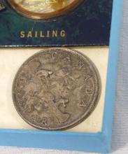 STERLING CHARM BRACELET, TWO COINS AND SPOON