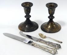 STERLING CANDLEHOLDERS AND CUTLERY