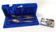 HENRY BIRKS AND COMPANY CHILD'S STERLING CUTLERY SET, RATTLE AND SPOON