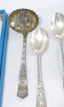 FOUR STERLING TEASPOONS AND BERRY LADLE