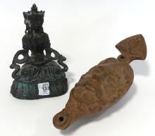 CLAY OIL LAMP AND METAL SCULPTURE