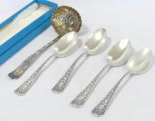 FOUR STERLING TEASPOONS AND BERRY LADLE