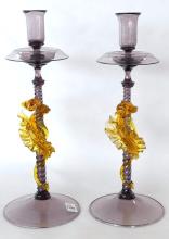 PAIR ANTIQUE VENETIAN GLASS "DRAGON" CANDLESTICKS