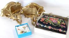 PAIR WALL BRACKETS, FIGURINES, ETC.