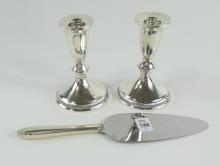 PAIR OF STERLING CANDLEHOLDERS AND PASTRY LIFTER