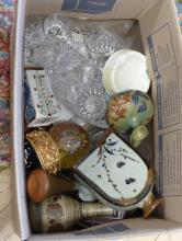 BOX LOT OF POTTERY, CRYSTAL, ETC.