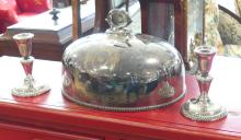 SILVER PLATE DOME COVER AND CANDLEHOLDERS