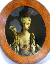 COLOURED ENGRAVING AND 18TH CENTURY PAINTING ON GLASS