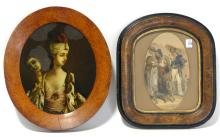 COLOURED ENGRAVING AND 18TH CENTURY PAINTING ON GLASS