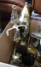 BOX LOT OF BRASS, METAL WARE, ETC.