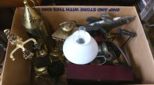 BOX LOT OF BRASS, METAL WARE, ETC.