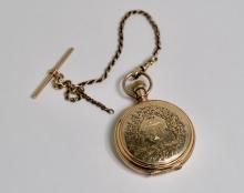 GOLD POCKET WATCH AND CHAIN