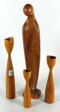 TEAK SCULPTURE AND CANDLEHOLDERS