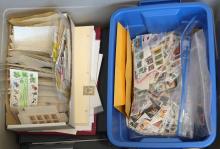 LARGE TOTE OF STAMPS, BOOKS, ETC.