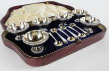 6 ANTIQUE SALT CELLARS/EGG CUPS WITH ORIGINAL SPOONS