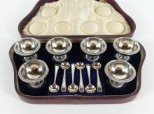 6 ANTIQUE SALT CELLARS/EGG CUPS WITH ORIGINAL SPOONS