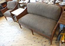 LEATHER STRAP AND BAMBOO LOVESEAT AND ARMCHAIR